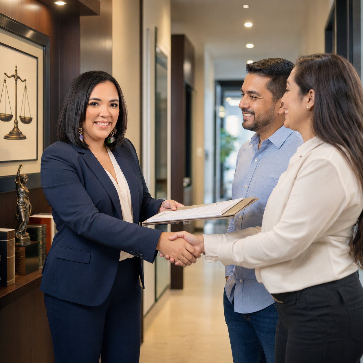 Reunión legal con clientes en oficina moderna